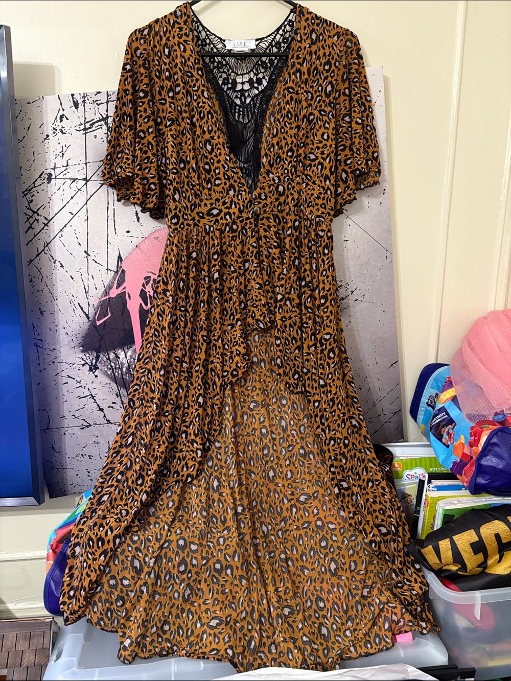 Boho Leopard Print Maxi Dress with Lace V-Neck - Rust Brown